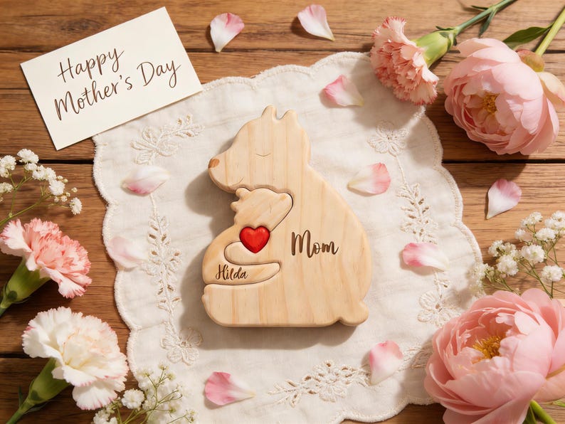 Op de afbeelding: Een houten puzzel in de vorm van een beer met een rood hart, de naam "Hilda" en het woord "Mom" gegraveerd. De puzzel ligt op een witte doily, omringd door roze bloemen, bloemblaadjes en een kaart met "Happy Mother's Day".