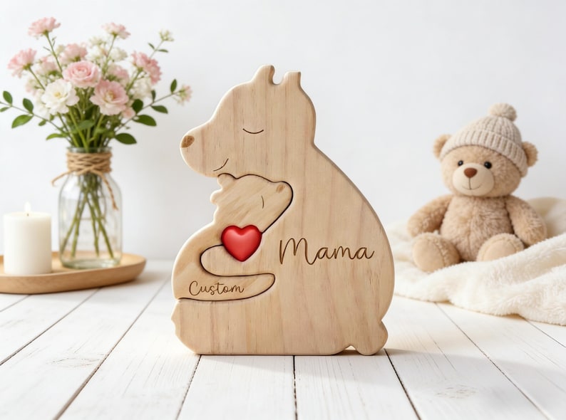 Op de afbeelding: Houten beer-vormige decoratie met een kleinere beer uitsparing, een rood hart en het woord "Mama" in cursief. Het woord "Custom" is ook gegraveerd. Een teddybeer en bloemen staan op de achtergrond.