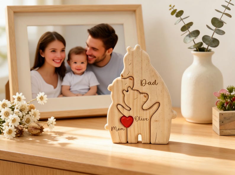 Op de afbeelding: Houten berenfamiliebeeldje met de woorden "Papa", "Mama" en "Olive" en een rood hart. Een ingelijste familiefoto staat op de achtergrond. Een vaas met groen en bloemen is ook zichtbaar.