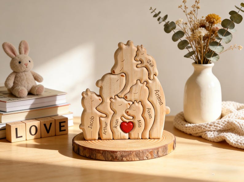 Op de afbeelding: Een houten puzzel van een berenfamilie met namen gegraveerd op elke beer. Een rood hart staat in het midden. De puzzel staat op een houten voet. Een knuffelkonijn en blokken met "LOVE" staan in de buurt.