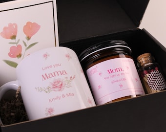 Caja de regalo personalizada para mamá: taza, vela, cerillas y tarjeta. Regalo de los hijos para mamá. Regalo para el Día de la Madre.