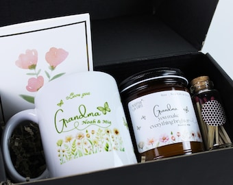 Caja de regalo personalizada para la abuela: taza, vela, cerillas y tarjeta. Regalo para la abuela de parte de sus nietos. Regalo para el Día de la Madre.