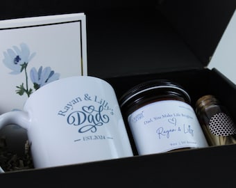 Caja de regalo personalizada para papá: taza, vela, cerillas y tarjeta. Regalo de los hijos para papá. Regalo del Día del Padre.