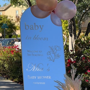 Baby Shower Welcome Sign | Personalized Baby in Bloom Acrylic Mirror Sign | Custom Baby Shower Décor | Modern Baby Shower Signage