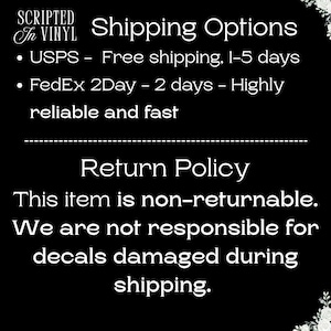 Puede incluir: Fondo negro con texto blanco que detalla las opciones de env&iacute;o y la pol&iacute;tica de devoluciones. El texto incluye "SCRIPTED in VINYL", "Opciones de env&iacute;o", "USPS - Env&iacute;o gratuito, 1-5 d&iacute;as", "FedEx 2Day - 2 d&iacute;as - Muy fiable y r&aacute;pido", "Pol&iacute;tica de devoluciones".