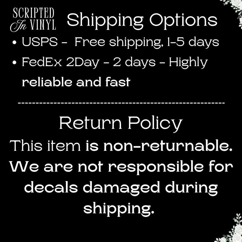 Puede incluir: Fondo negro con texto blanco que detalla las opciones de env&iacute;o y la pol&iacute;tica de devoluciones. El texto incluye "SCRIPTED in VINYL", "Opciones de env&iacute;o", "USPS - Env&iacute;o gratuito, 1-5 d&iacute;as", "FedEx 2Day - 2 d&iacute;as - Muy fiable y r&aacute;pido", "Pol&iacute;tica de devoluciones".