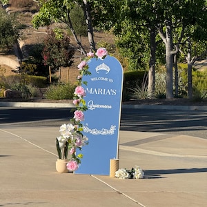 Puede incluir: Un letrero azul con el texto "Welcome to Maria's Quinceanera" est&aacute; decorado con flores rosas y blancas. Un peque&ntilde;o jarr&oacute;n con flores y una vela est&aacute;n junto al letrero. El letrero est&aacute; al aire libre.