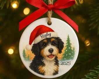 Puede incluir: Adorno navideño redondo de cerámica con un perro que lleva un gorro de Papá Noel, con el nombre "Rigby" y el año "2025". El adorno está adornado con un lazo rojo y una cuerda para colgar. El perro tiene pelo negro, marrón y blanco.
