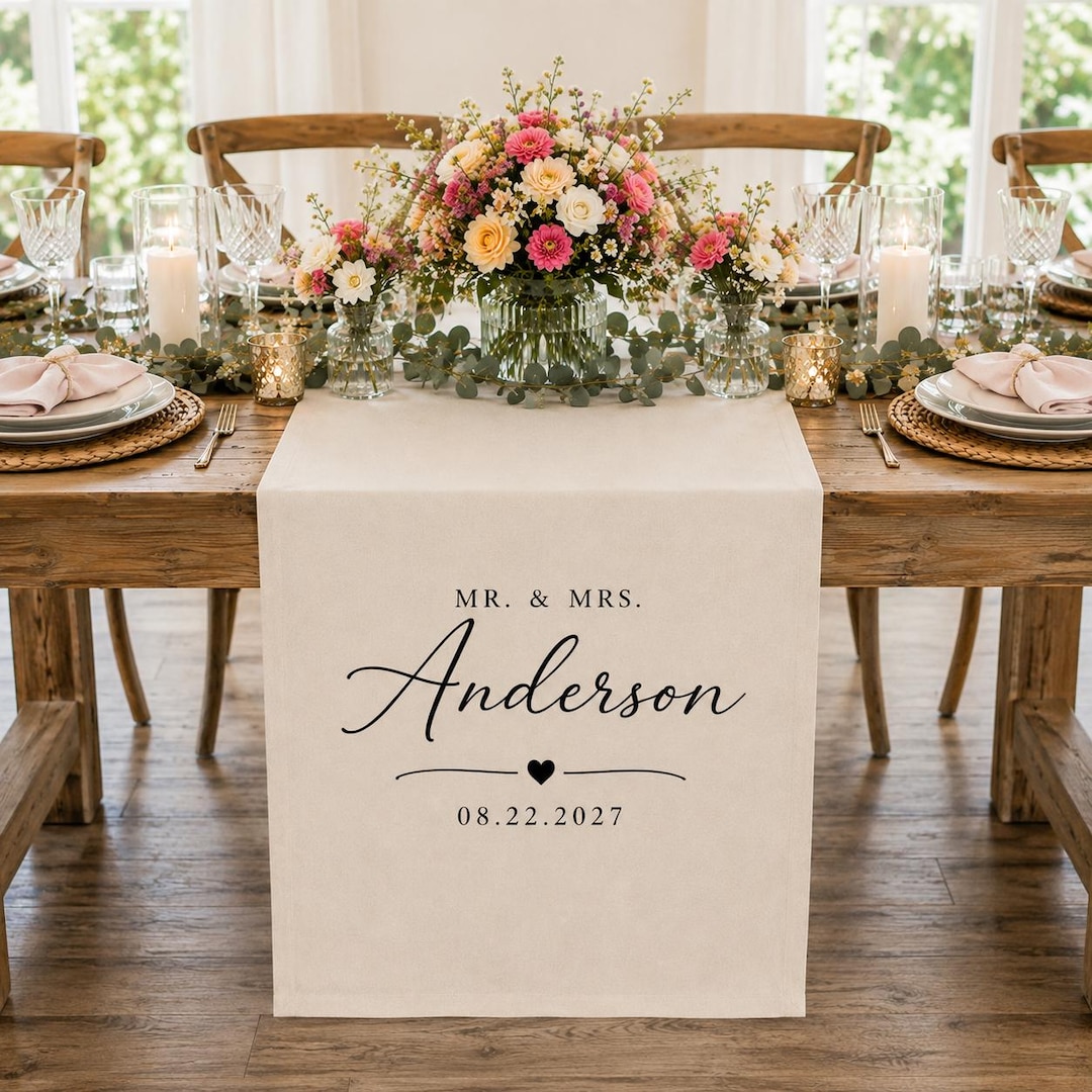 Personalized Linen Wedding Table Runner, Custom Reception Decor Personalized Linen Wedding Table Runner, Custom Reception Decor