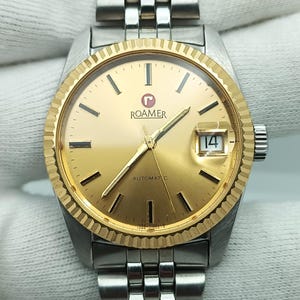 Vintage Roamer Swiss Automatic Watch: Gold Bezel, Stainless Steel