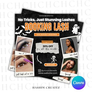 May include: Black and white promotional flyer for lash services. The flyer includes the text "No Tricks, Just Stunning Lashes" and "BOOKING LASH". It also features images of lash extensions, a skeleton, and the text "30% OFF for all this month!"