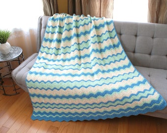 Chevron Multi Color crochet Handmade Throw, off White, Blue, Sea Foam bedspread, with border, blanket, Gift Idea, Ready to Ship