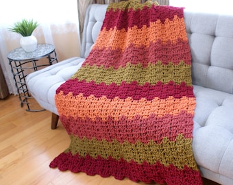 Chunky Fall Handmade Throw, Autumn Afghan, Orange, Wine, Redwood, Forest, crochet blanket, Gift Idea, Ready to Ship