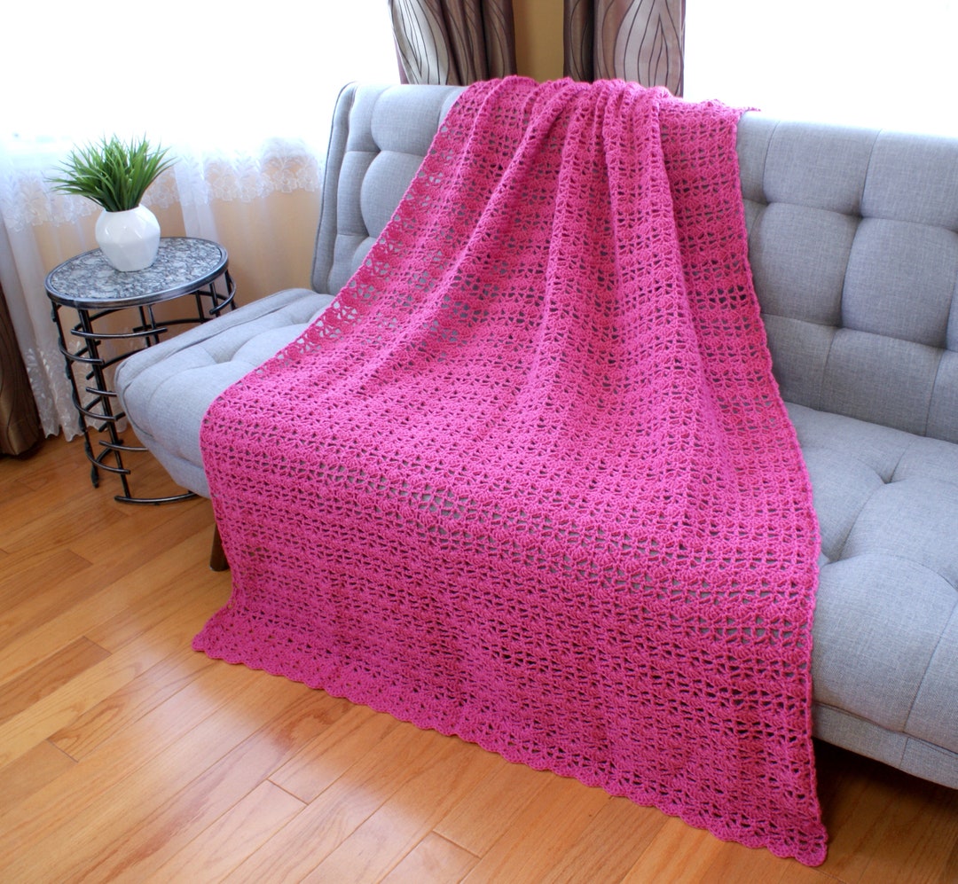 Raspberry Lacy Crochet Afghan, Handmade Throw, Pink Blanket, Bed Cover ...