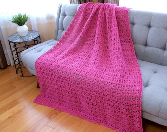 Raspberry Lacy Crochet Afghan, Handmade Throw, Pink blanket, Bed Cover, Wedding gift, medium weight, Ready to Ship