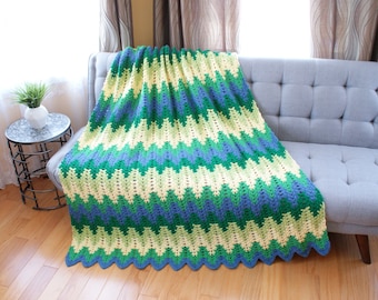 Green Forest Crochet Blanket, Green, Navy, Soft Yellow, Handmade Throw, Afghan, medium weight, cottage, Gift Idea, READY TO SHIP