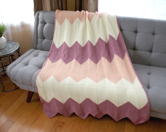 Chevron Crochet Blanket, Plum, Pink, Peach, Off white, Handmade Throw, Afghan, medium weight, nursery, Gift Idea, READY TO SHIP