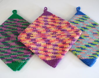 Multi colour Cotton pot holders set, Handmade crochet hot pads trivet green blue purple, Kitchen place mat, housewarming gift Ready to Ship