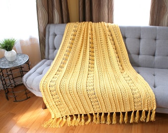 Lacy Shells Crochet Afghan, Handmade Throw, Yellow blanket, medium weight, Wedding Gift, bedspread, fringe, Ready to Ship