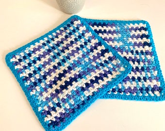 Cotton Crochet Dishcloth set of 2, blue and white multicolor handmade washcloth, farm house, Kitchen decor, housewarming gift, Ready to Ship