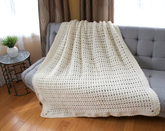 Ivory Summer Breeze Crochet Afghan, Handmade Throw blanket, bedspread, dreamy yarn, Gift idea, Ready to Ship