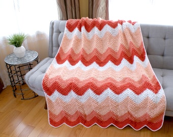 Peach Chevron Multi Color crochet Handmade Throw, White, Pink, bedspread, Afghan with border, textured blanket, Gift Idea, Ready to Ship