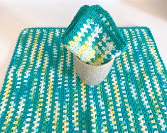 Cotton Kitchen Drying Dish Mat dishcloth set, Handmade crochet place mats, gift idea, Kitchen, green, yellow, white, Ready to Ship