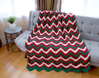 Holidays Chevron crochet Handmade Throw, White, Red, Green, bedspread, Afghan, long textured blanket, Gift Idea, Ready to Ship