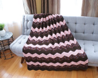 Brown Zig Zag Afghan, Multi Color Pink Handmade chevron Throw, woolen crochet blanket, Bed Cover, Holiday gift, medium weight, Ready to Ship