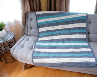 Stripes Throw, Handmade Afghan, crochet lap blanket, for teens, Bed Cover, nursery, grey, aqua, cottonwood, medium weight, Ready to Ship