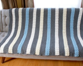 Gray Arrow Crochet Afghan, Handmade Throw, Soft blanket, White, Blue, for kids, medium weight, gift idea, Ready to Ship