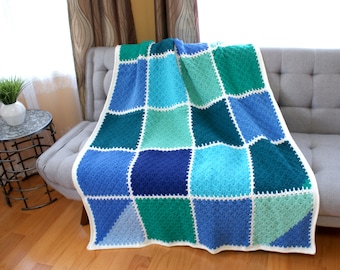 Squares Crochet Handmade Throw, multi color Afghan, long blanket, bedspread, Gift Idea, Ready to Ship