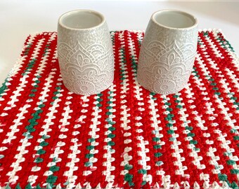 Holidays 100 % Cotton Kitchen Drying Dish Mat Christmas green Vivid red white Handmade crochet placemat housewarming gift, Ready to Ship