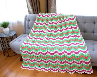 Tropical Flowers Petals Ripple Throw, Multi Color Handmade Afghan, Gift idea, Chevron crochet blanket, soft, Ready to Ship