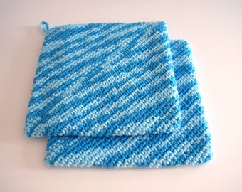 Blue Marble Cotton pot holders set, Handmade crochet hot pads, trivet, Kitchen square place mat, housewarming gift, Ready to Ship