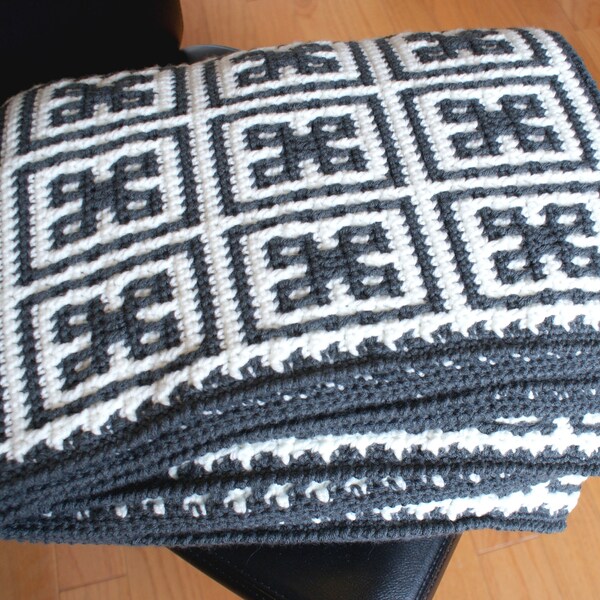 Grey and White Mosaic crochet Afghan, Stylish Handmade Throw, textured blanket, bed cover, two color, medium weight, Ready to Ship