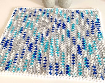 Cotton Kitchen Drying Dish Mat, Blue, White, Grey Handmade crochet placemat, multicolor, housewarming gift idea, Kitchen, Ready to Ship