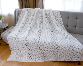 Lacy Cotton Crochet Throw, Handmade Country Farmhouse afghan, white blanket, bedspread, Wedding Gift, Ready to Ship