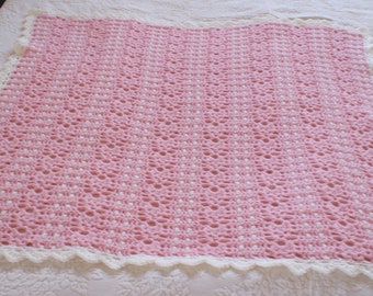 Strawberry and Cream Handmade Baby Throw, crochet blanket, nursery, gift idea, medium weight, pink and off white, Ready to Ship