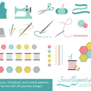 May include: A set of 23 sewing icons, including a sewing machine, needles, thread, buttons, and a thimble. The icons are in a variety of colors, including red, blue, green, yellow, and gray. The icons are perfect for use in crafting projects, scrapbooking, or digital design.