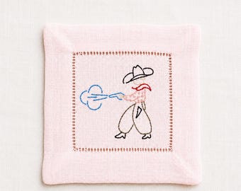 Ensemble de serviettes de table en lin brodé Cowboy Smokeshow, roses, point ajouré (4)