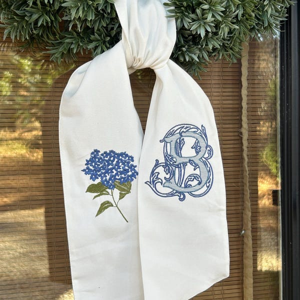 White Hydrangea Monogramed Wreath Sash