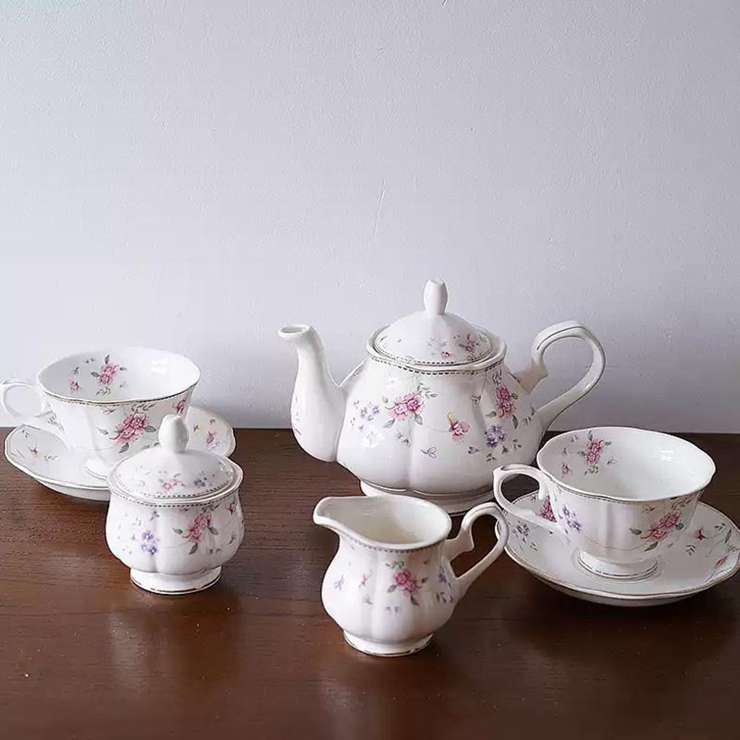 Handmade English Floral Ceramic Tea Set: Gilt-edged Coffee Service, 15 ...
