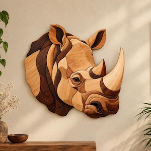 Può includere: Una scultura da parete raffigurante una testa di rinoceronte, realizzata con segmenti di legno stratificati in varie tonalità di marrone chiaro, medio e scuro. L'opera presenta venature dettagliate e bordi lisci e curvi.
