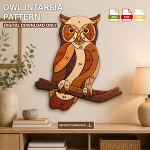 May include: An owl intarsia pattern digital download featuring a segmented wooden owl design perched on a branch. The owl is composed of various wood-toned pieces labeled with numbers from 1 to 47. Text includes OWL INTARSIA PATTERN, DIGITAL DOWNLOAD ONLY, and INSTANT DOWNLOAD.
