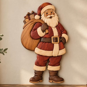 Molde de Papai Noel em Madeira para Decoração de Natal | Modelo para Serra de Recortes de Saco de Presentes do Papai Noel, Arte de Parede em Madeira para o Natal