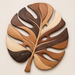 May include: A decorative wall art piece shaped like a monstera leaf, constructed from multiple segments of wood in varying shades of light, medium, and dark brown. The leaf features characteristic cutouts and a central stem, with a smooth finish.