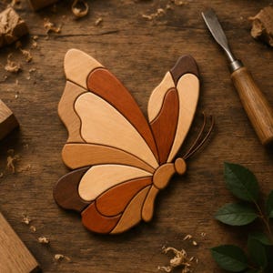 May include: A handcrafted wooden butterfly wall art piece composed of multiple segments of wood in varying natural tones, ranging from light beige to deep dark brown. The butterfly features smooth, curved edges and two thin, curved antennae.