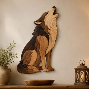 May include: A wall-mounted wooden art piece depicting a wolf howling, crafted from multiple segments of wood in varying shades of brown, tan, and dark espresso, showcasing a layered, mosaic-like construction with a smooth, polished finish.