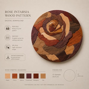 Rose Intarsia Wood Pattern, Scroll Saw Floral Pattern (Digital Download)